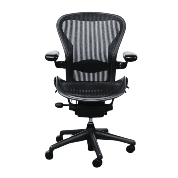 front view of refurbished aeron chair by herman miller used black