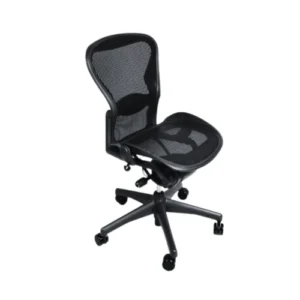 Front angle view of an armless used Aeron chair by Herman Miller