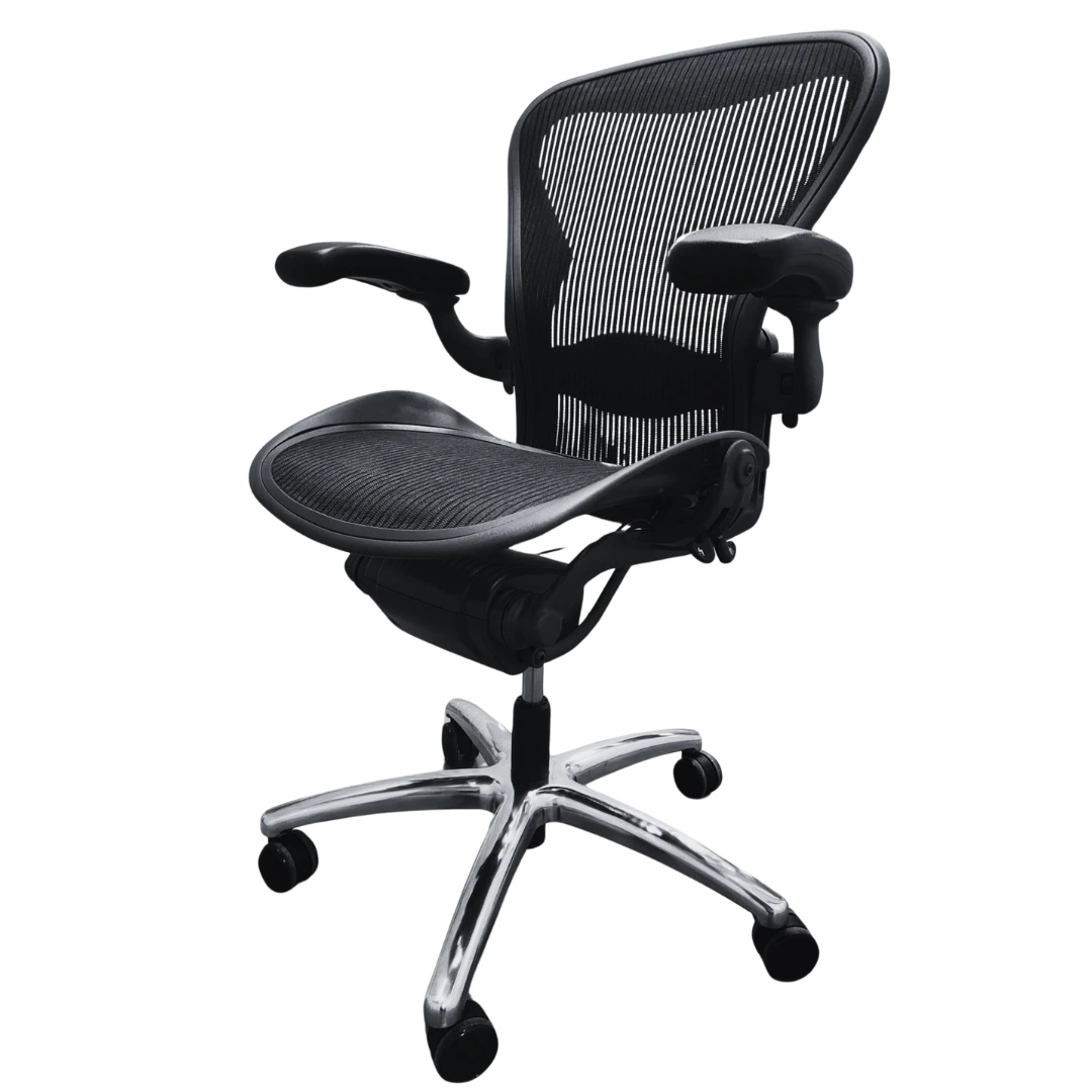 Front angled view of a used refurbished Aeron chair by Herman Miller, emphasizing its polished aluminum base and sleek, ergonomic design.