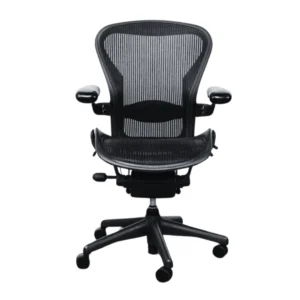 Straight front view of a used refurbished Aeron chair by Herman Miller, size B fully loaded 1