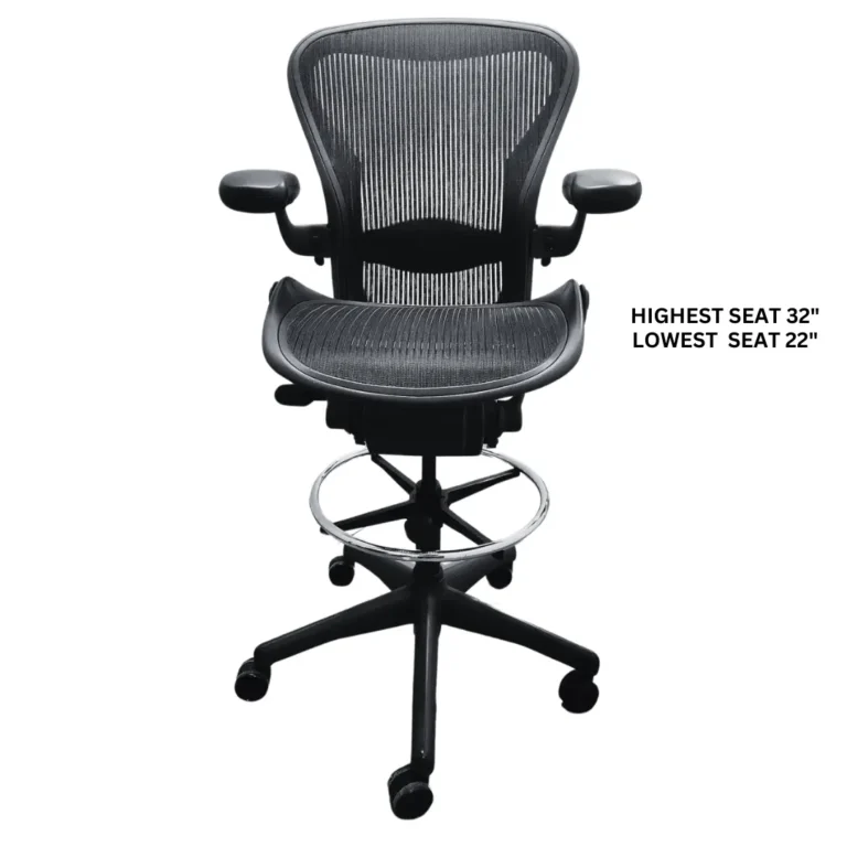 Front view of a used, refurbished Aeron adjustable drafting chair by Herman Miller with foot ring