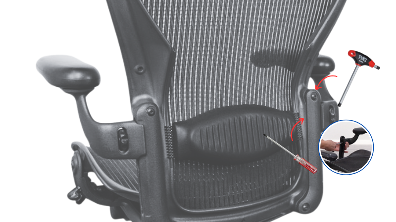 Back view of a Herman Miller Aeron chair showing instructions for lumbar support adjustment. A screwdriver and hex key are highlighted, indicating the tools needed to loosen and adjust the lumbar support mechanism - how to remove arms from aeron chair