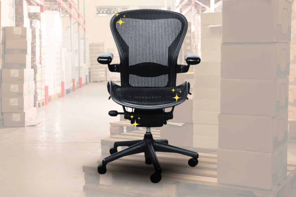 refurbished office chair image with blurry warehouse background