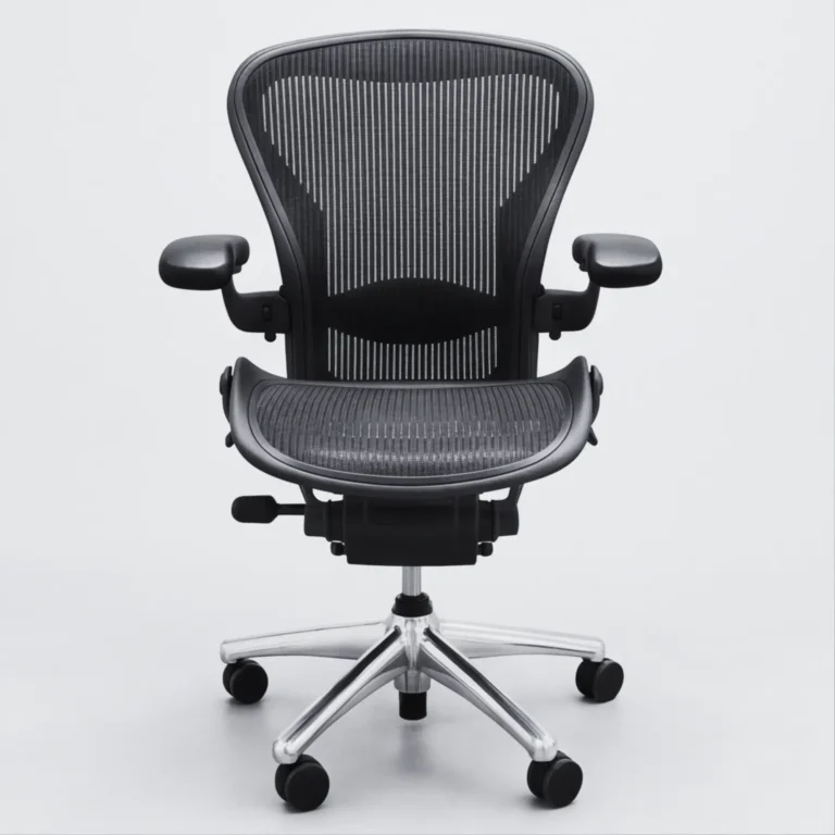 refurbished classic herman miller aeron in polished aluminum base studio photo front view