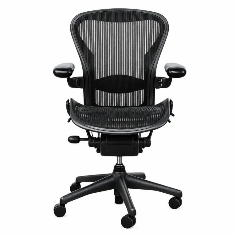 Straight front view of a used refurbished Aeron chair by Herman Miller, size B fully loaded 1