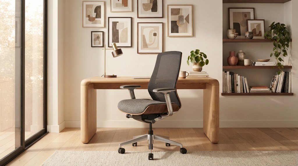 Aesthetic office chair at a wooden desk